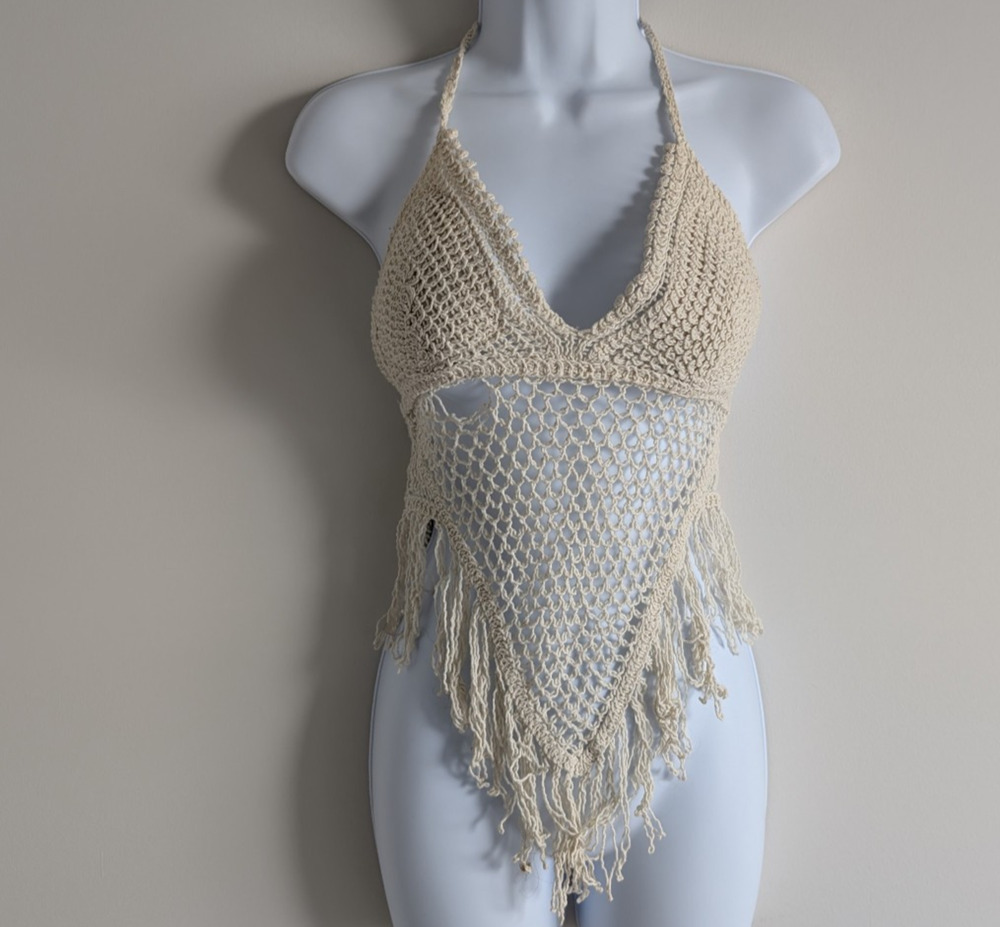 Y2K Crochet Halter Top Womens XS Coastal Cowgirl Festival Beach Babydoll Rue 21